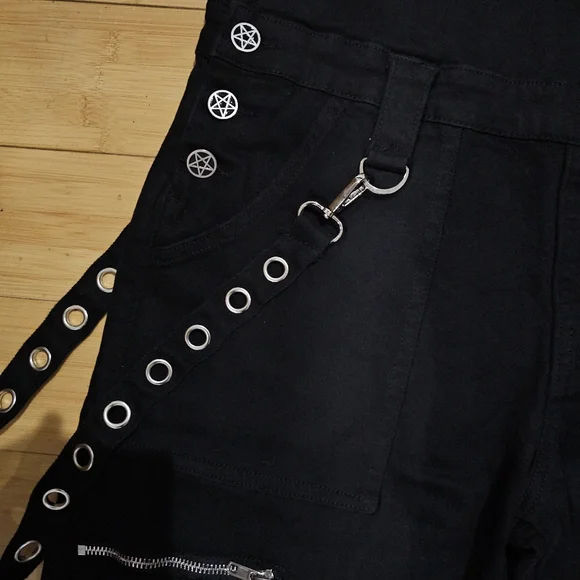 Dolls Kill Rare The Grave Girls Punk Goth Black Tough Life Denim Overalls S M - Picture 6 of 14